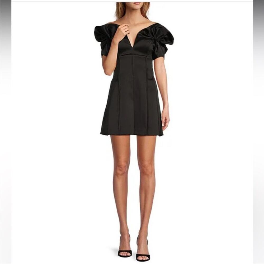 NWT Antonio Melani Adina Black Textured Satin Puff Off Shoulder Mini Dress 4 New